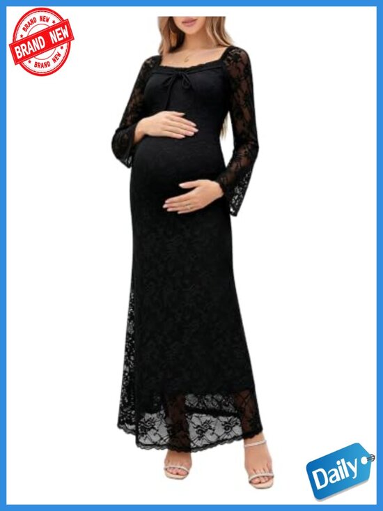 Dresses & Skirts - Elegant Lace Maternity Maxi Dress Square Neck Long Sleeve Bodycon Photoshoot